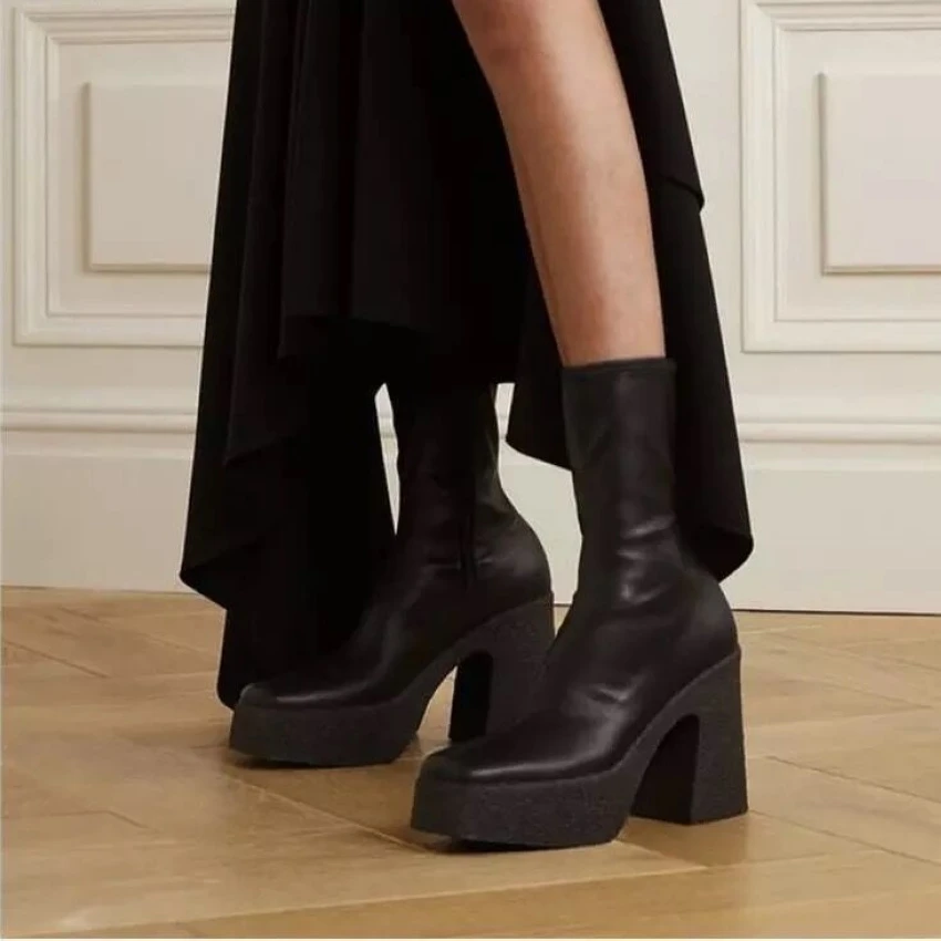 

2021 NEW brand women autumn winter warm boots sexy high heels platform black brown zipper shoes woman ankle boots big size 35-42