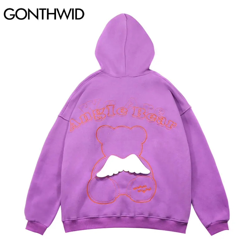 

GONTHWID Hooded Jackets Embroidery Cartoon Angel Bear Wings Hoodies Coats Streetwear Hip Hop Casual Loose Harajuku Fashion Tops
