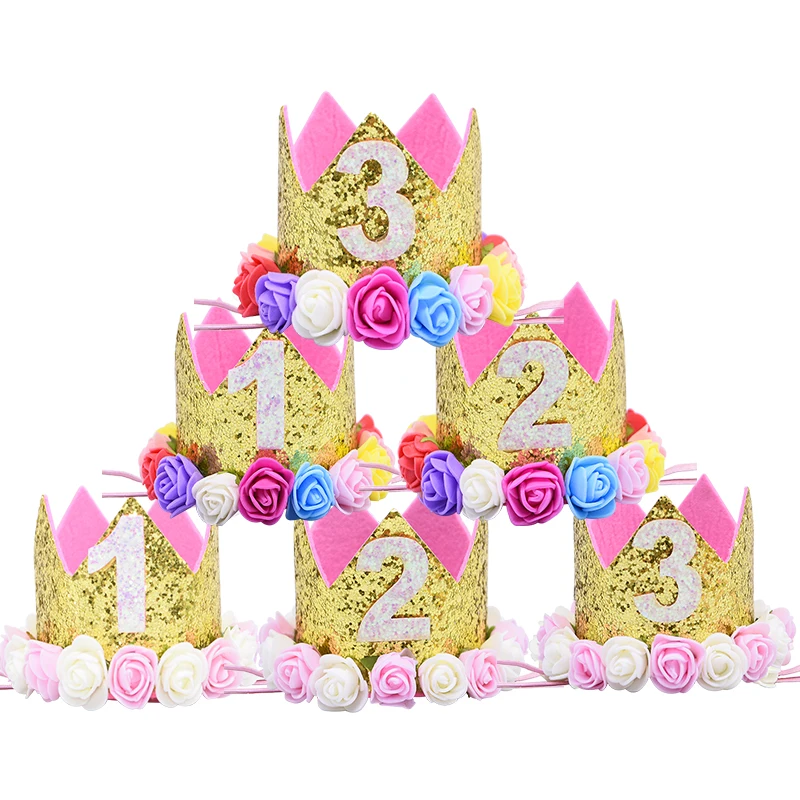 

One 1 2 3 Birthday Party Decoration Baby Kids Birthday Caps Flower Princess Crown Hair Accessories Baby Shower Favor Girl Gift