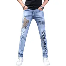 Hot Mens printed jeans mens trousers trendy brand slim-fitting casual pants denim trendy spring autumn teenagers pencil pants