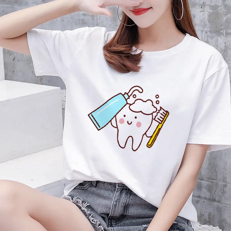 

Women's T-shirt summer beautiful cartoon teeth dentist fashion women's clothes T-shirt 90s Harajuku Kawaii short sleeves