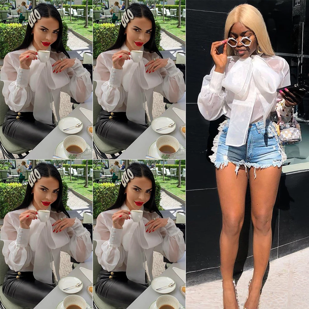 

Женская шифоновая рубашка, с длинным рукавом, полупрозрачная, с бантом, в офисном стиле