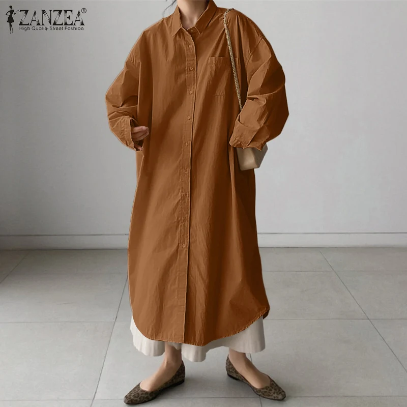 

ZANZEA Autumn Women Long Sleeve Kaftan Sundress Button Lady Clothing Stylish Vestido Maxi Chic Dress 2021 Baggy Plain Solid Robe