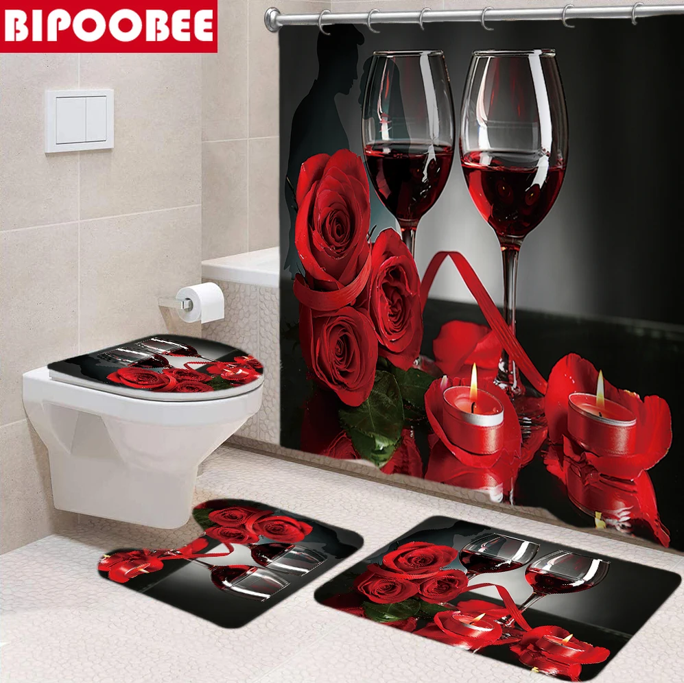 Занавеска для душа с 3D рисунком красной розы влюбленных Противоскользящий