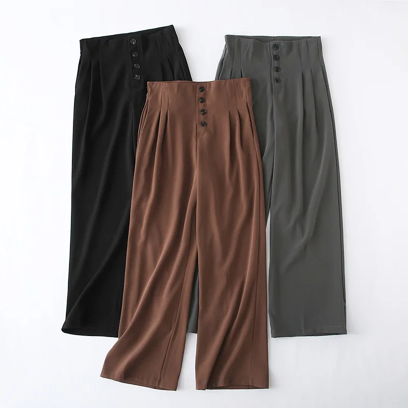 Женские свободные однотонные черные широкие брюки с высокой талией и пуговицами