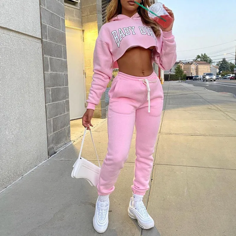 

Women Sweatsuit Set Baby Girl Letter Print Female Hooded Crop Top High Elastic Waist Drawstring Jogger Pants 2021 Spring Casual