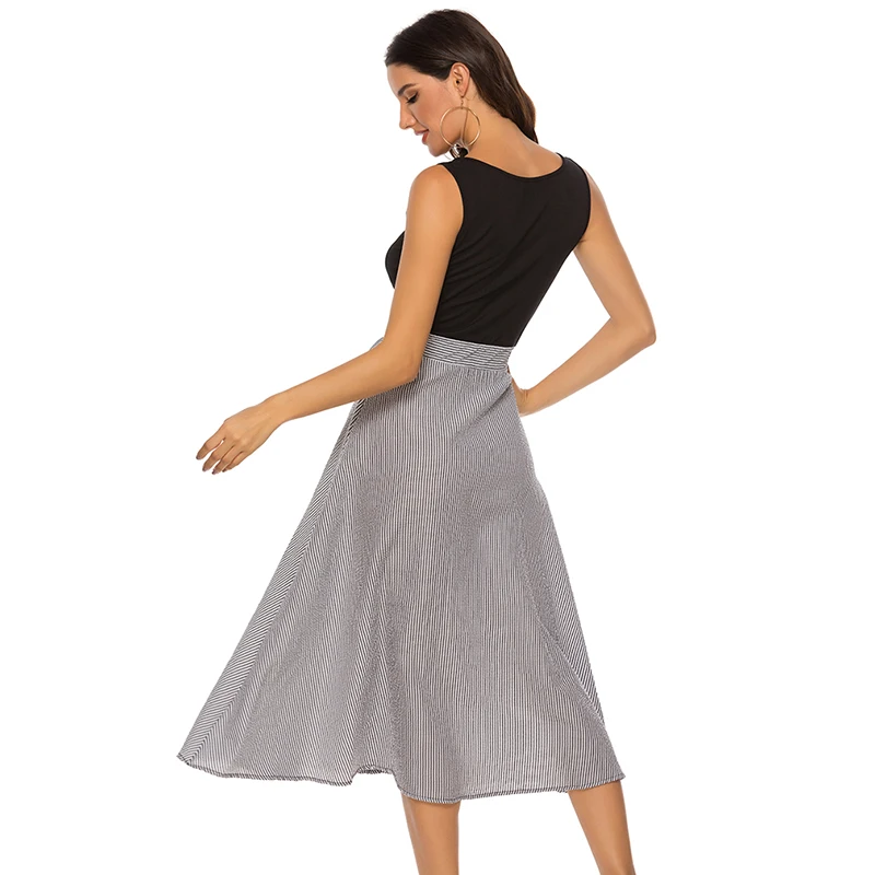 

2021 Summer Dress Women Sleeveless Casual Stripe Dresses V Neck Bangage Midi Dress Female Knee Length Vintage Sundress For Lady