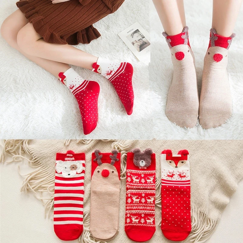 

4 Pairs Pack Autumn Winter Women Socks 3D Three-dimensional Cartoon Christmas Cute Japanese Style Elk Happy Funny Cotton Socks