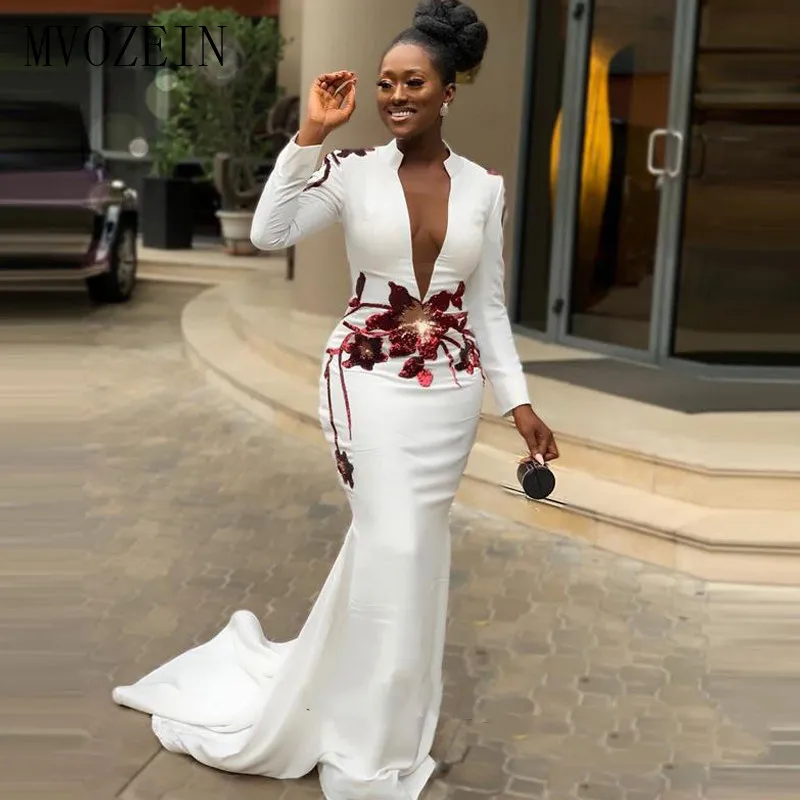 

Женское атласное вечернее платье, белое платье с V-образным вырезом, блестками и бусинами, в арабском стиле, для выпускного вечера