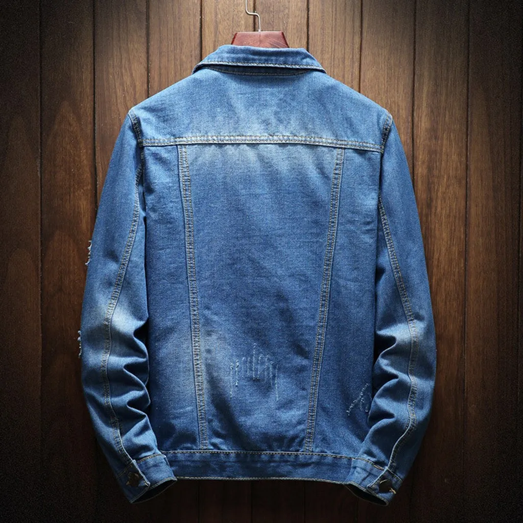 Denim Jacket For Male Men's Holes Jean Jackets Casual Autumn And Winter Jacket Hole Long Sleeve Sweatshirt Outwear Coats Jacket