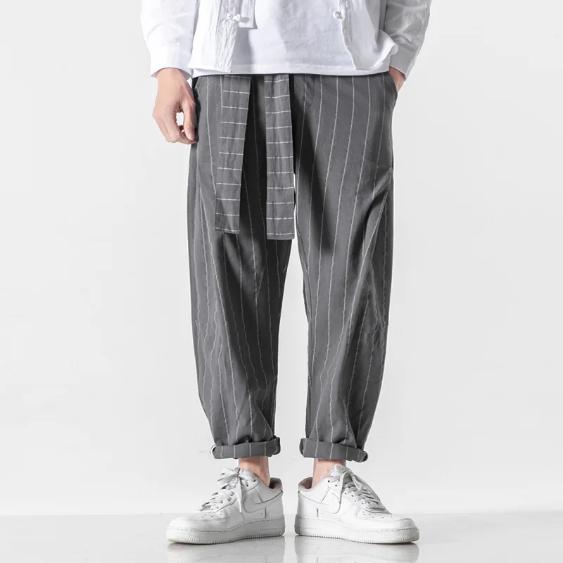 

2021 linen new men's loose Harem Pants stripe make old Chinese style casual pants men's pants