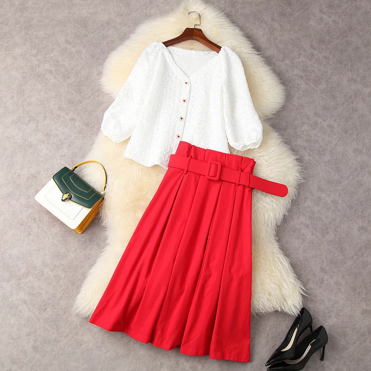 

European and American women's wear for summer 2021 shirt with three-quarter sleeves Red pleated skirt Fashion suits