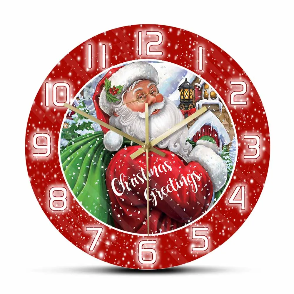 

Vintage Santa Clause With Sack Red Design Wall Clock For Kids Living Room Christmas Greetings Snow Holiday Home Decor Wall Watch