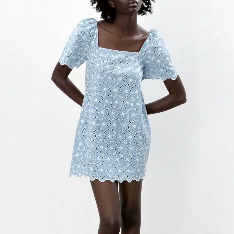 

Women Summer Vintage Mini Dress 2021 ZA Short Sleeve Hollow Out Embroidery Elastic bust Female Elegant Kawaii Dresses vestidos