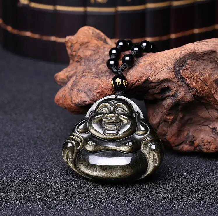 

LETSFUN Fine Jewelry Chinese Natural Gold Obsidian Hand-Carved Blessing Maitreya Buddha Pendant Free Shipping
