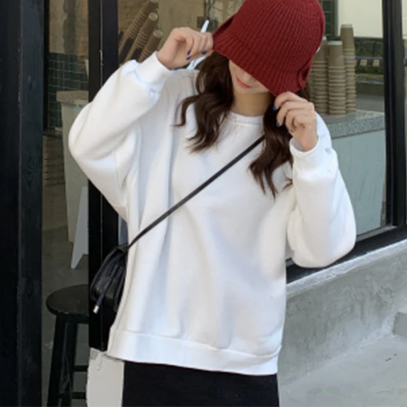 

Solid O-neck Pullovers Hoodie Woman Korea Long-sleeved Loose Sweatshirts Women Casual Plus Cashmere Women's Winter Tops 2021