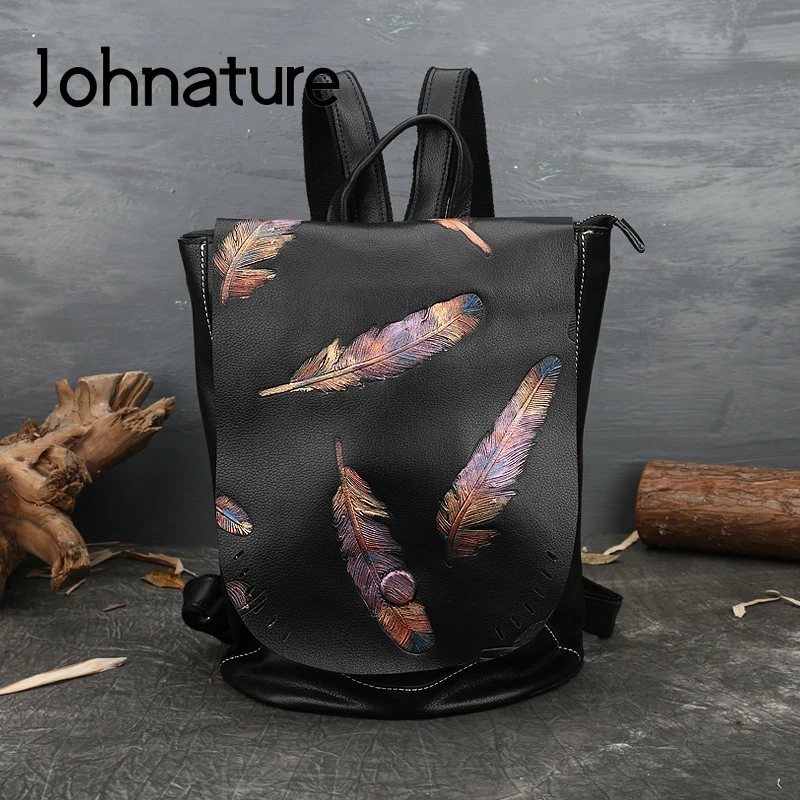 Женский рюкзак из коровьей кожи Johnature однотонный с тиснением в стиле ретро