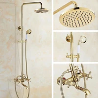 gold color brass two cross handles wall mounted bathroom rain shower head bath tub faucet set telephone shape hand spray mgf394