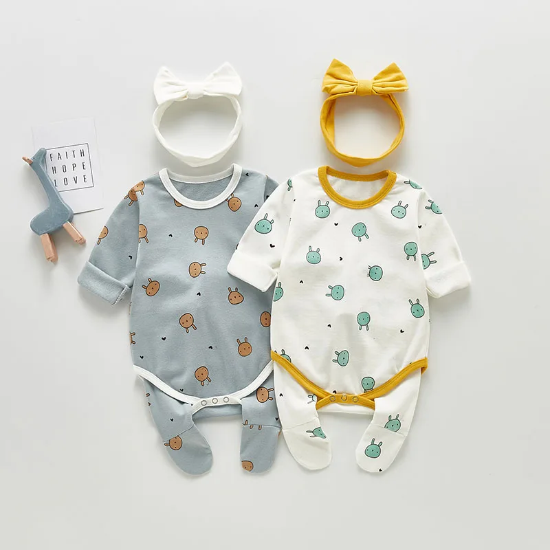 

Spring and Autumn New Baby Boys and Girls Romper Suit Cartoon Print Triangle Romper Tights Turban Cotton Three-piece Suit