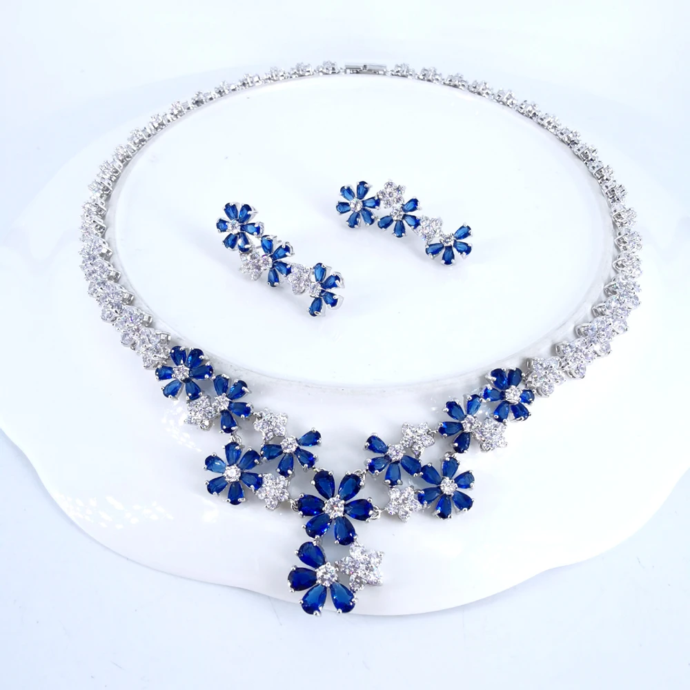 

2021 new fashion bohemia purple blue CZ zircon necklace earring set,wedding bridel dinner banquet dress jewelry free shipping