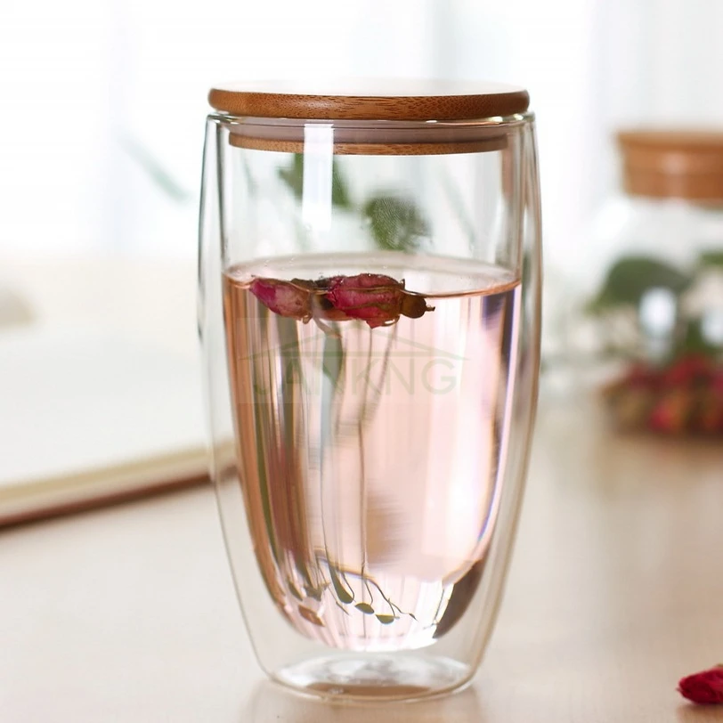 

1pcs Creative Double Layer Wall Glass Bamboo Cover Lid Heat-resistant Transparent Cup Drinkware Coffee Glass Personalized Mug
