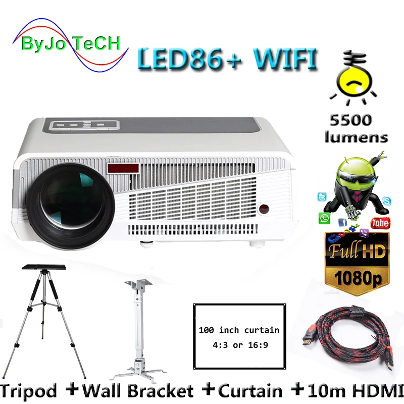 

Умный проектор, LED 86 + WIFI, Android 6,0, проектор 1080P, 5500 лм, со штативом 10 м, HDMI настенный кронштейн для штор