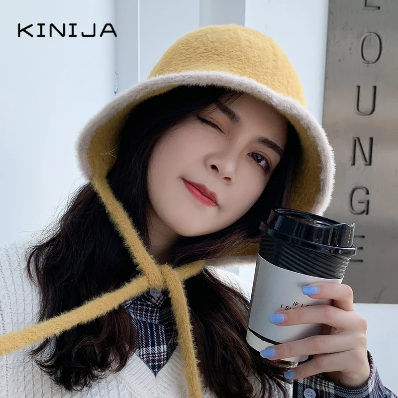 Корейская женская вязаная меховая бандажная Рыбацкая шапка зимняя плотная