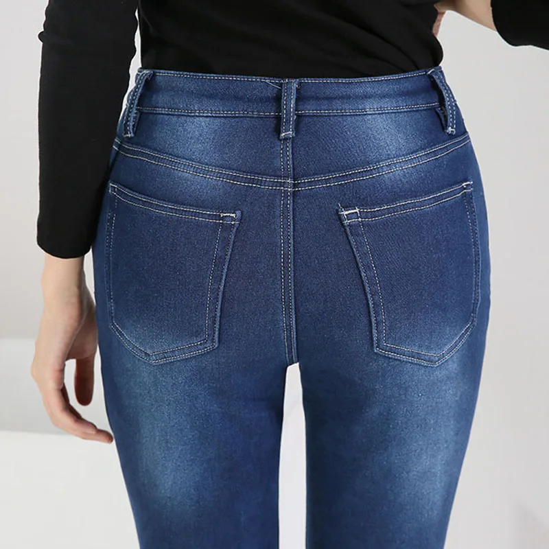 FERZIGE 2019 новые зимние теплые джинсы женские брюки с высокой талией и вышивкой