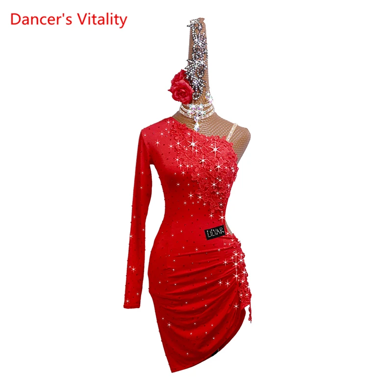 

Latin Dance Competition Clothes Female Children Adult High-End Custom Costumes Halter Chacha Dancing Performance Dress Outfit