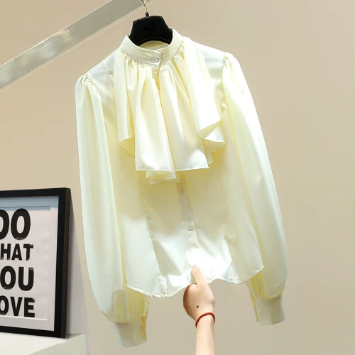 

Ruffled Stand Collar Shirt Women 2021 Spring Korean Style Loose Long Sleeve Fashion Elegant Puff Sleeve Solid Color Blouse Blusa
