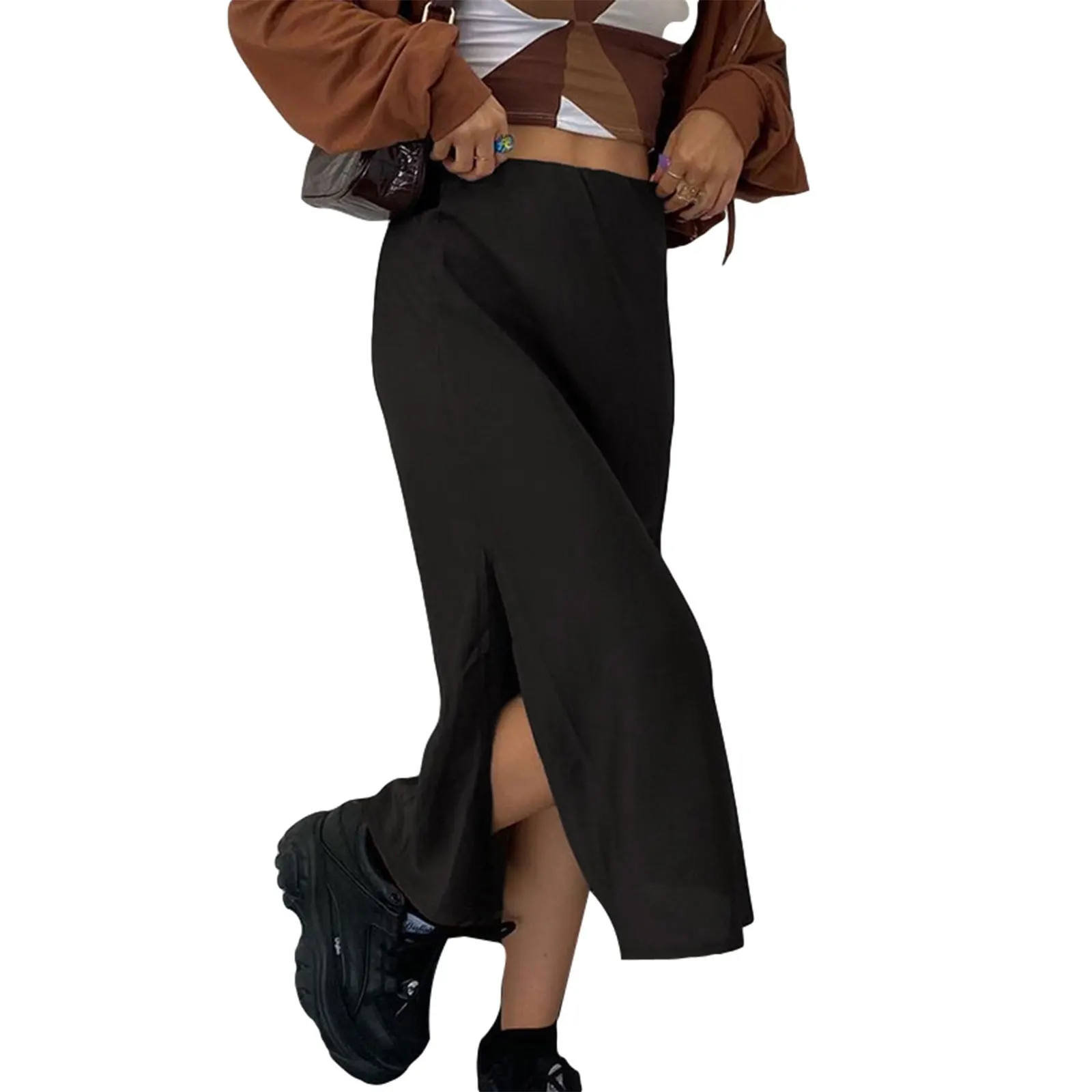 

Women Casual Slit Dress Female Black Solid Color High Waist Sexy Long Skirt