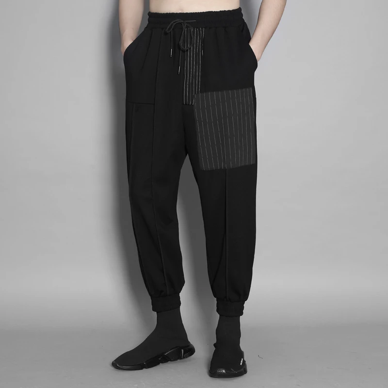 

2020 Men's spring and summer wear original personality stripe color splice loose halon pants men casual corset pants