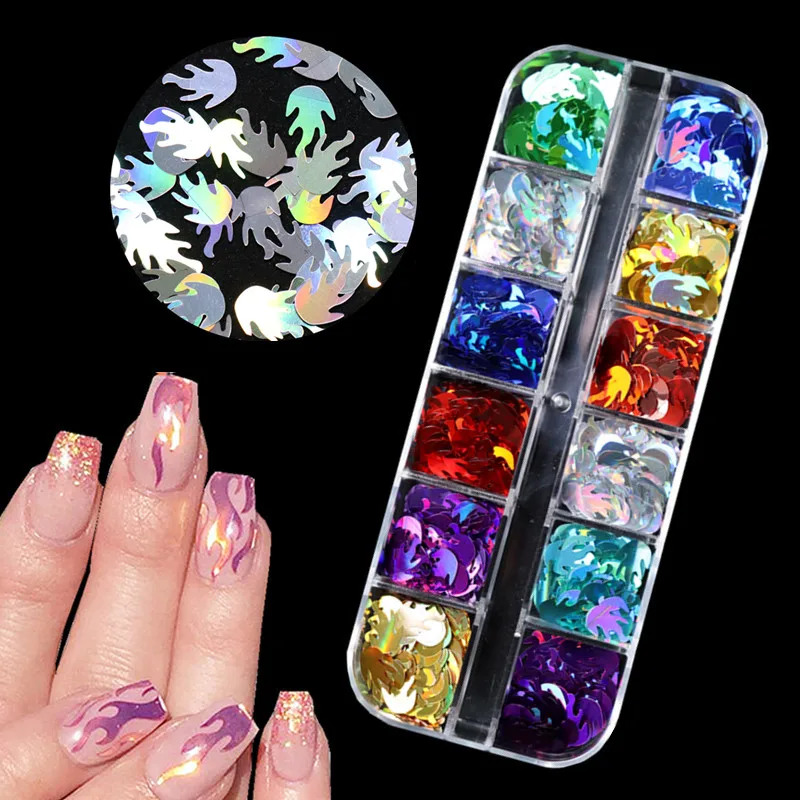 

12Grids Laser Fire Flame Nail Art Glitter Flakes Holographic Mixed Color 3D Decoration New Year's Sequins Slice Accessories