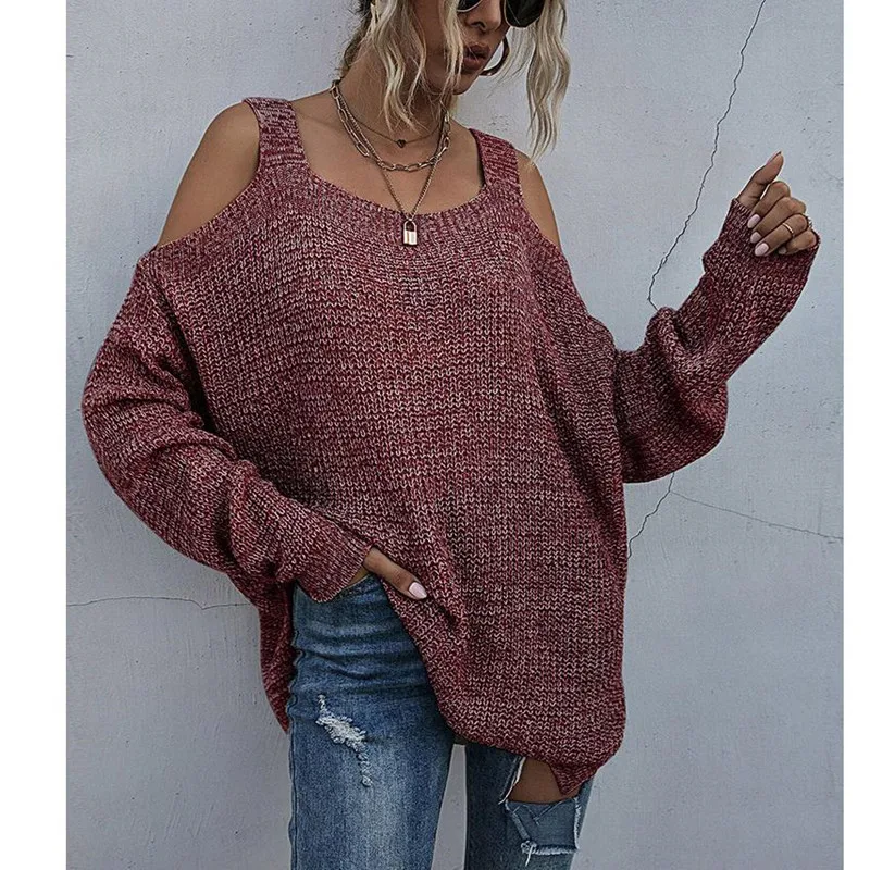 

Однотонный вязаный свободный свитер с квадратным вырезом и открытыми плечами, Женский пуловер с длинным рукавом, осень 2021