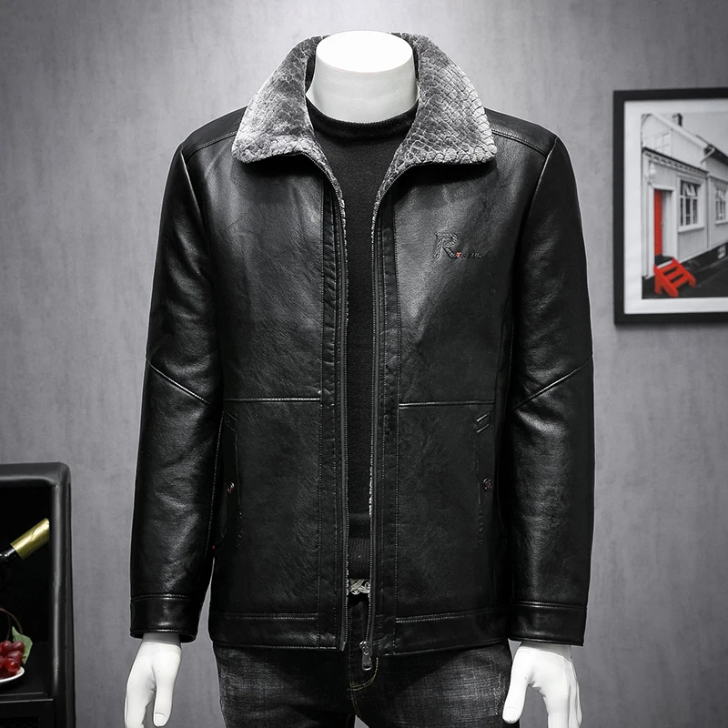 

EU Winter Men Leather Jacket Faux Fur Sheepskin Coat For Men's Zipper Turn-down Collar Thick Fleece Natural Leather Coats 1906