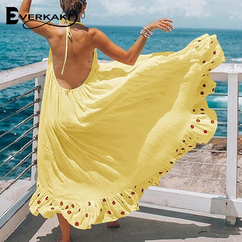 Everkaki Длинное Платье женское пляжное платье с цветочным принтом Boho Летнее
