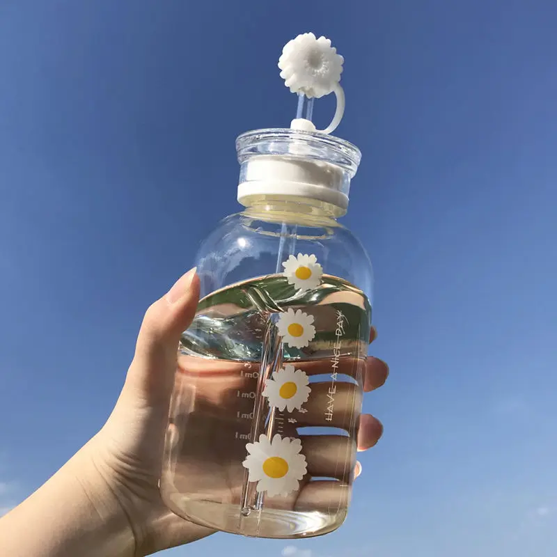 

Glass Water Bottle with Straw Creative Daisy Frosted/Transparent Cup Leakproof Portable Drinking Bottle with a Sealing Cap Lid