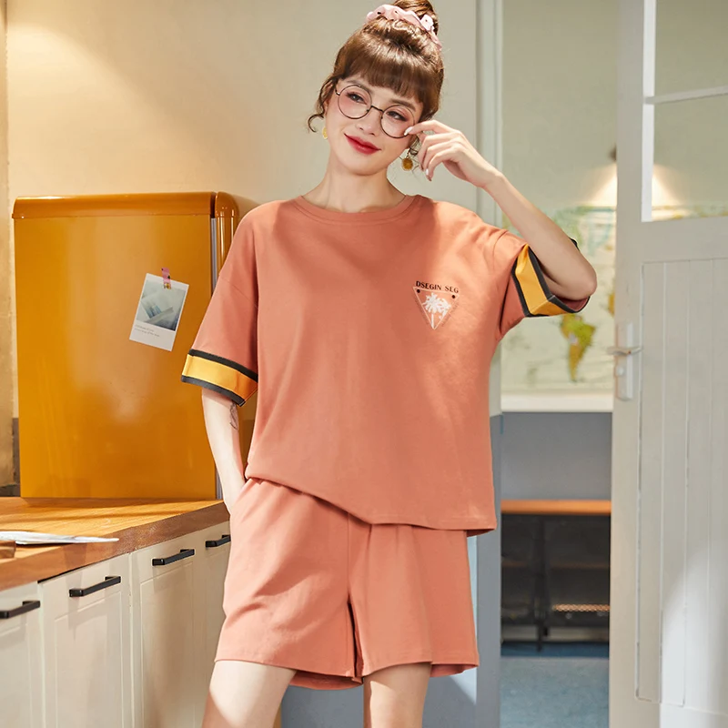 

Short-sleeved Sleepwear Summer Ladies Loose Cuffs Color Matching Comfortable Soft High-quality Loose Large Size Ladies Home Wear
