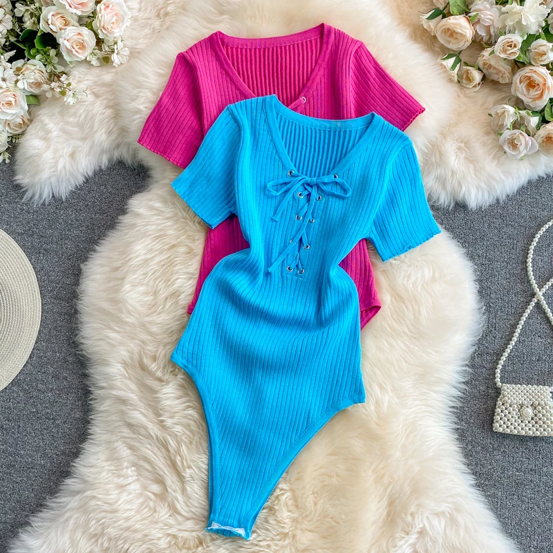 

Sexy Lace-up Knitted Bodycon Bodysuits Solid V-neck Short Sleeve Skinny Body Top Casual Streetwear 2022 Summer Women Clothes