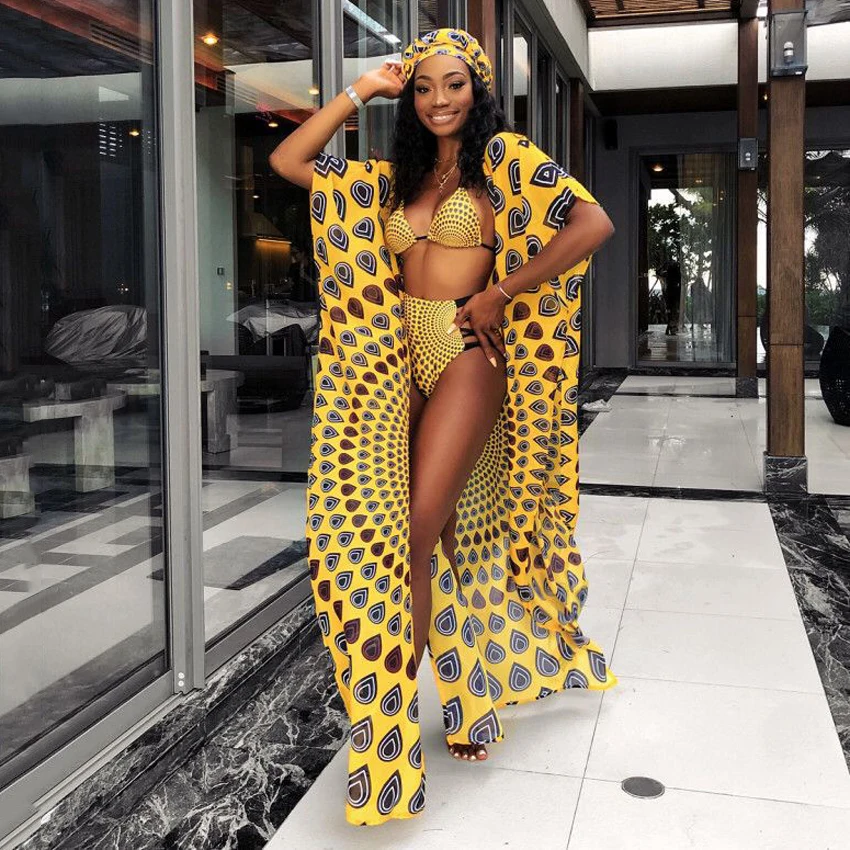 Комплект из 3 предметов Африканский принт высокая талия женский бикини с