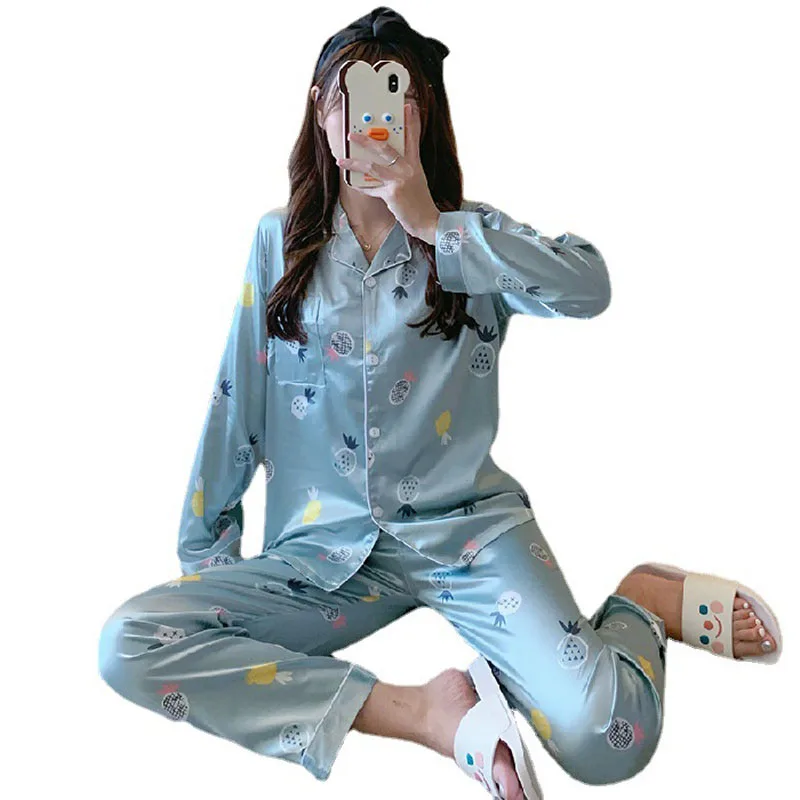 Women's Pajamas Sets Ice Silk Autumn Winter Cardigan Long-sleeved Trousers Lapel Home Service Sleepwear Clothes pijama feminino