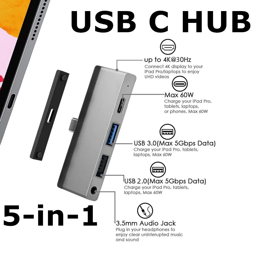 

5in1 USB C HUB TYPE-C to HDMI-compatible Adapter 3.5mm Audio USB3.0 USB2.0 PD Charging Converter for iPad Pro 11 2020 Pro 2018