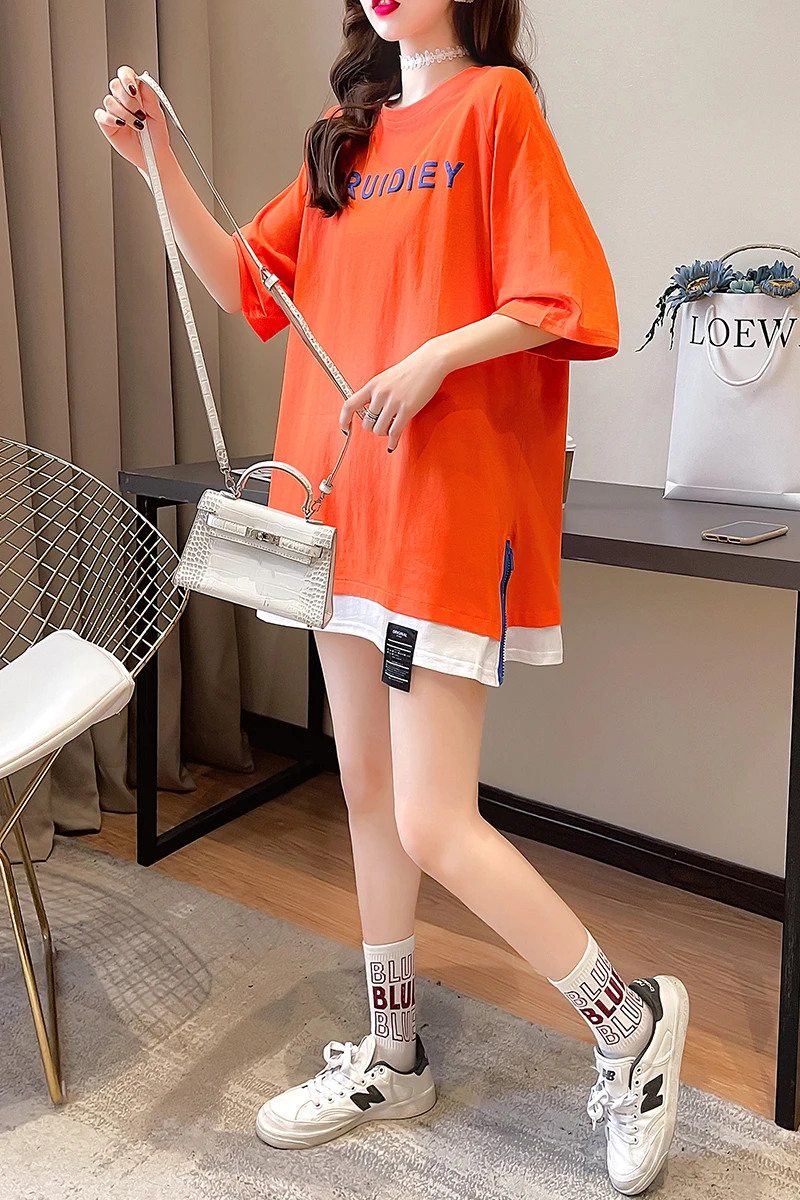 

Houthion Women's T-shirt New Loose Plus Size Short Sleeve O-neck Top Casual Fashion T Shirt Mid-length Letters Summer Tees