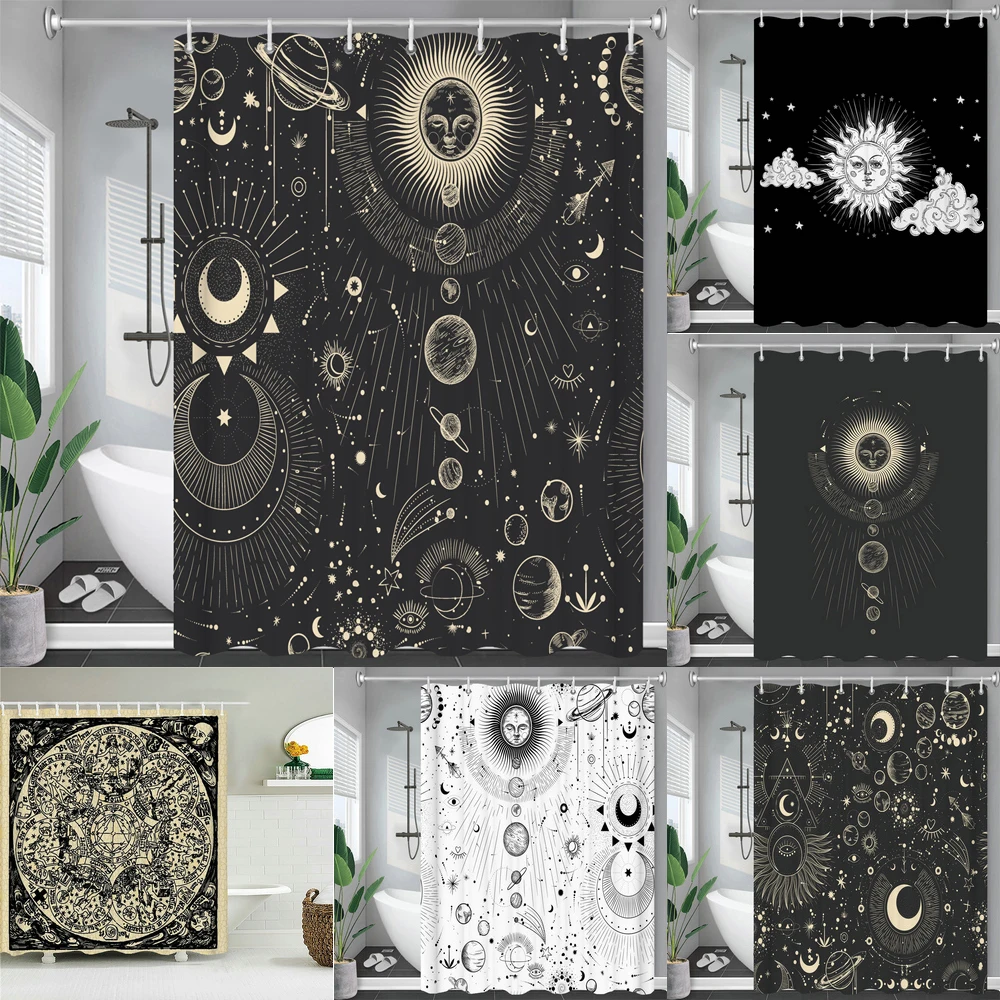 

White Black Sun Moon Mandala Starry Sky Shower Curtains Bohemian Gypsy Psychedelic Tapiz Astrology Waterproof Bathroom Curtains