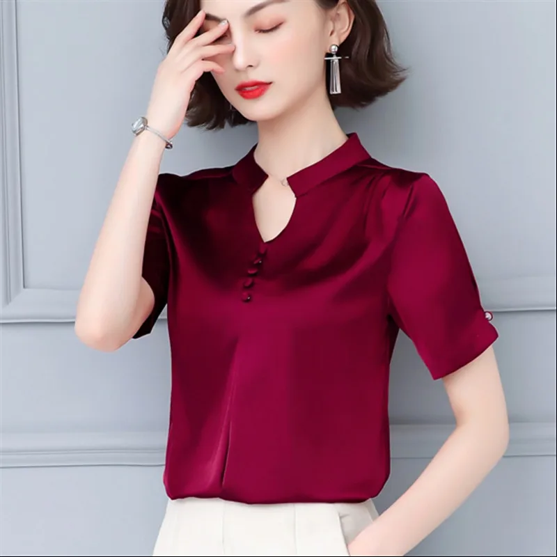 Женская шифоновая блузка с V-образным вырезом и коротким рукавом |