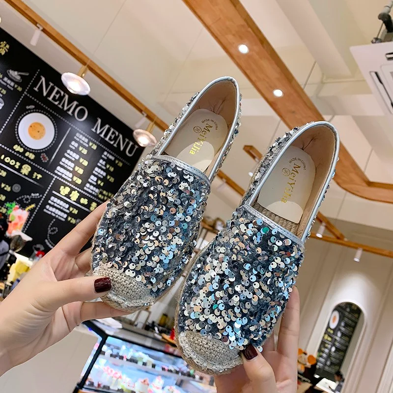 

2021 Autumn Colorful Paillette Hemp Knitted Fishermans Shoes Women Bling Loafers Casual Single Shoes Women Flat Shoes