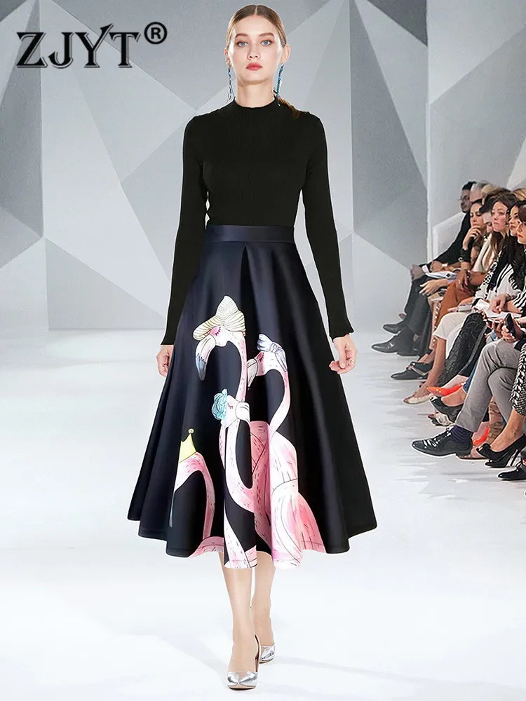 

Женский модельный комплект из 2 предметов, элегантный черный трикотажный свитер и юбка миди с принтом, повседневная одежда, весна 2022