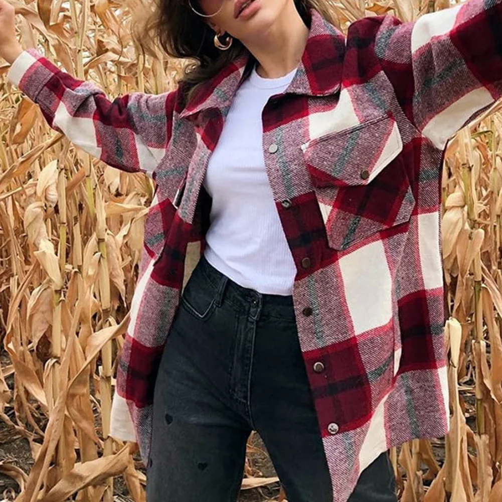 

Winter Plaid Shirt Jacket Loose Outwear Trend Fashion All-Match Regular Women Oversized Pockets With Flaps Button Jackets Tops