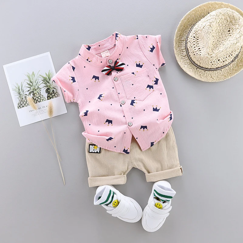 IENENS Summer Baby Boys Clothes Clothing Sets Kids Short Sleeve Shirt + Shorts Outfits 1 2 3 4 Years Child Bow Tie Shirts Suits |