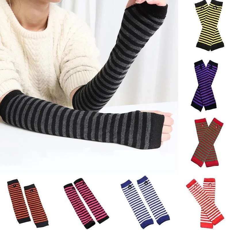 

1pair Long Fingerless Gloves Knitted Striped Arm Cover Cotton Elbow Wrist Cover Winter Women Driving Warm Long Fingerless Gloves